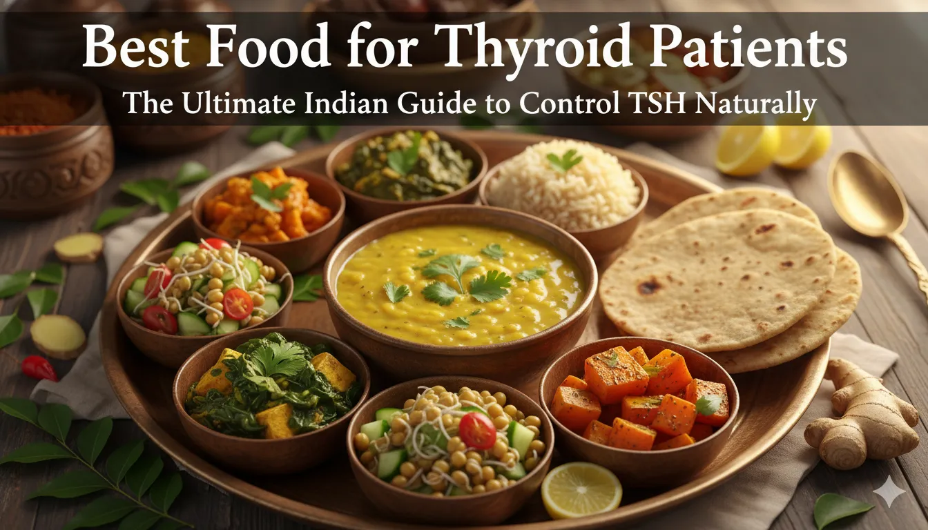 Best vegetarian food for thyroid patients showing indian thali with dal and curd
