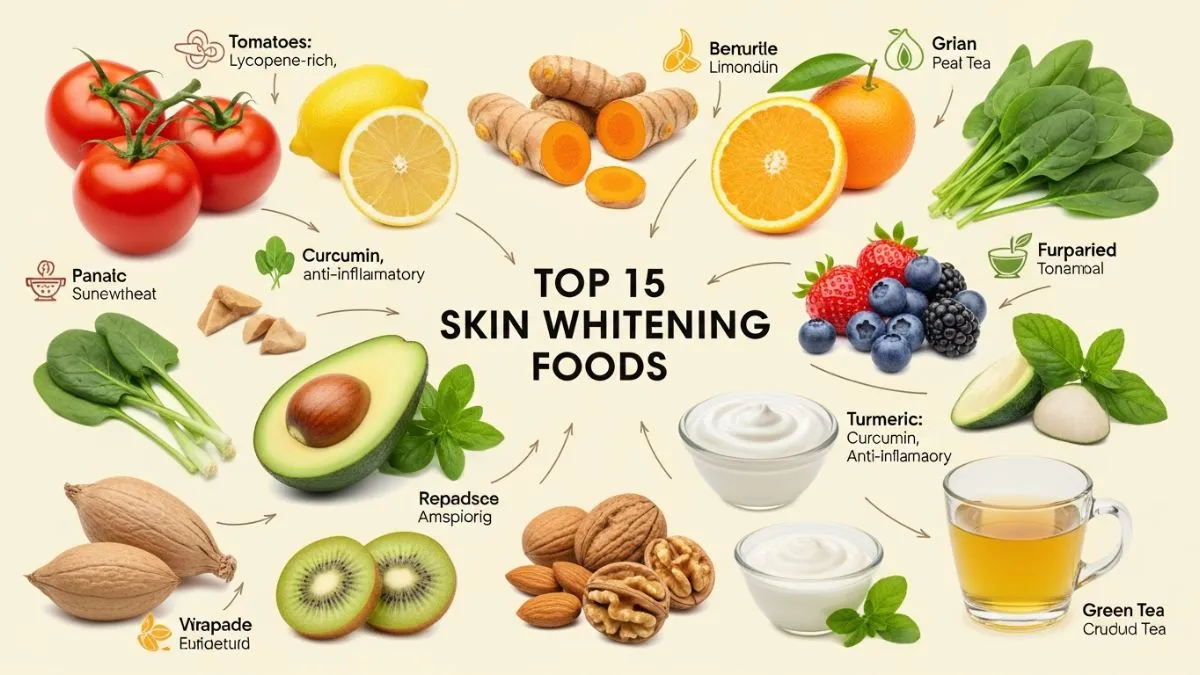 Top 15 skin whitening foods including tomatoes and turmeric for natural melanin inhibition and internal glow
